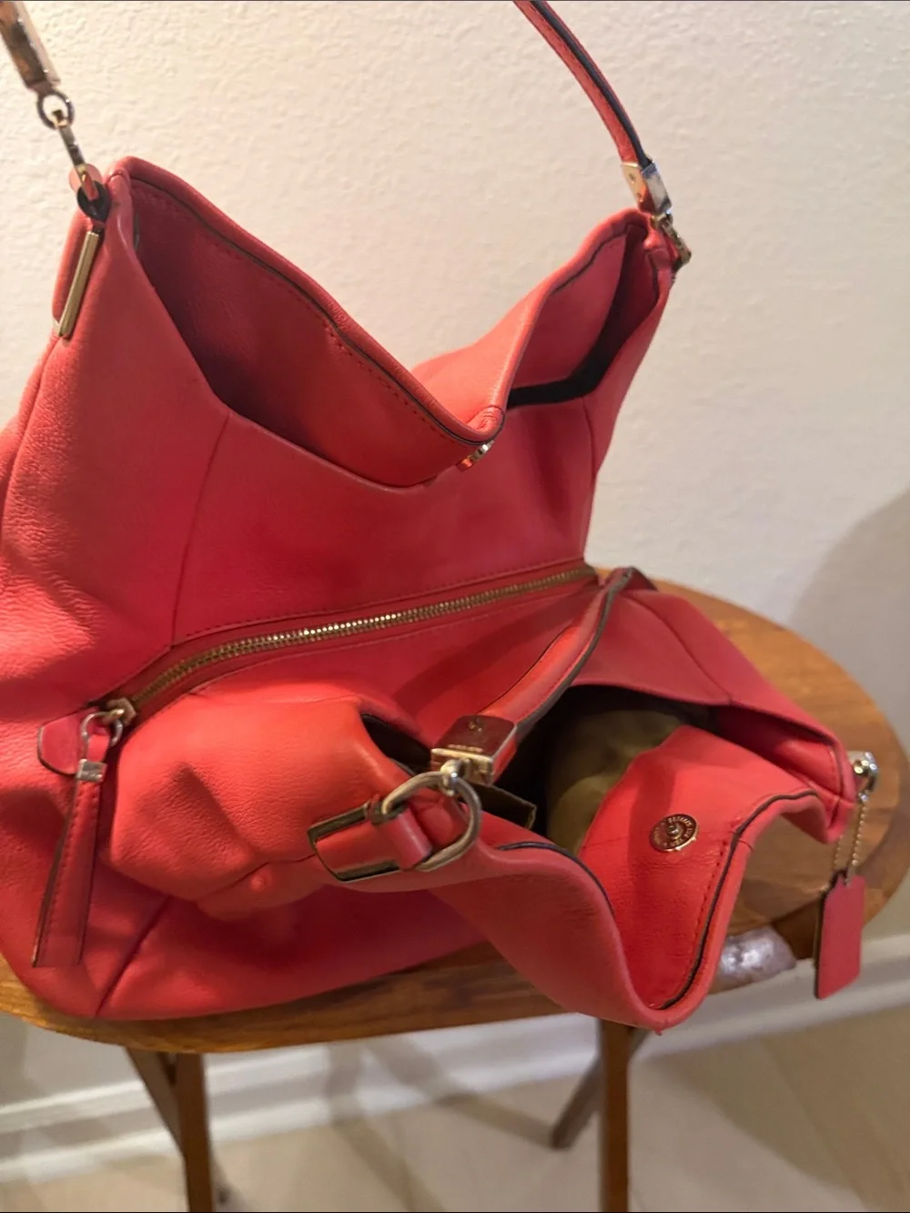 Coach Coral Red Pebbled Leather Hobo with Gold Hardware